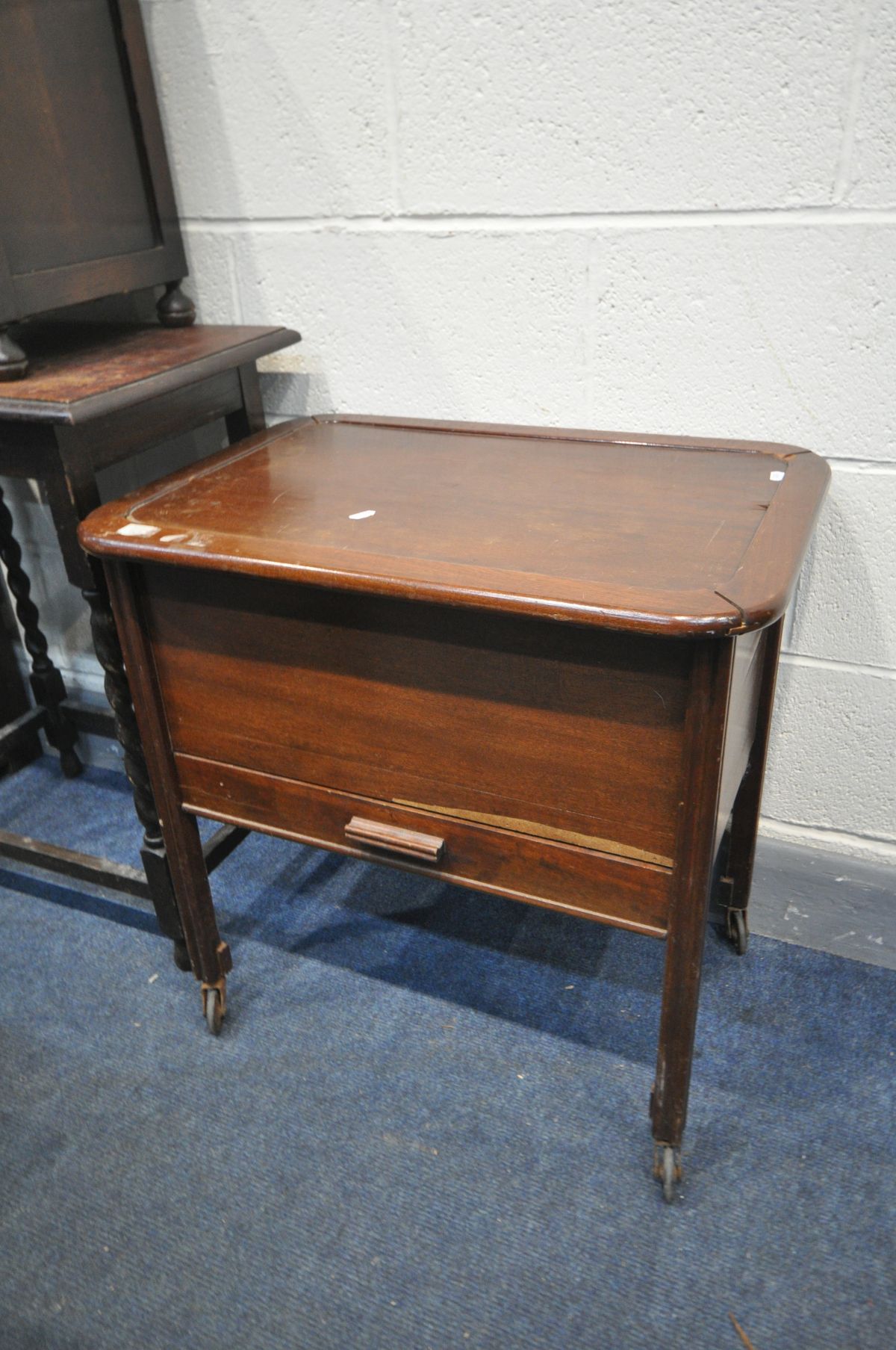 A VINTAGE TRAVELLING SUITCASE, mahogany sewing box, mahogany cased treadle sewing machine/cabinet, - Image 3 of 4