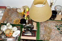 FOUR BOXES AND LOOSE CERAMICS, GLASSWARE, TABLE LAMPS AND HOME DECOR ITEMS, to include a twenty