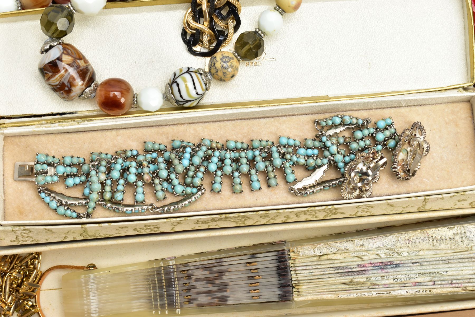 A BOX OF MOSTLY COSTUME JEWELLERY, to include a white metal RAF enamel brooch, stamped 'Silver', - Image 8 of 12