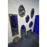 SIX VARIOUS FOLIATE FRAMED WALL MIRRORS, including gilt on plaster and giltwood mirrors, a cream