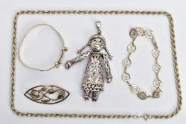 AN ASSORTMENT OF SILVER AND WHITE METAL JEWELLERY, to include a silver rag doll pendant, approximate