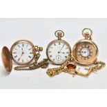 THREE GOLD-PLATED POCKET WATCHES, the first a half hunter, round white dial, Roman numerals, seconds