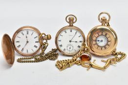 THREE GOLD-PLATED POCKET WATCHES, the first a half hunter, round white dial, Roman numerals, seconds
