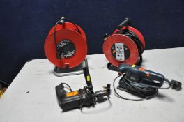 A BLACK AND DECKER KA185 SANDER , an unbranded Impact drill, two power extension reels (all PAT pass