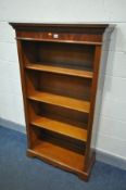 A YEW WOOD OPEN BOOKCASE, with three adjustable shelves, width 83cm x depth 38cm x height 151cm