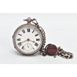 A SILVER OPEN FACE POCKET WATCH AND ALBERT CHAIN, (working) early 20th century watch, round white