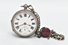 A SILVER OPEN FACE POCKET WATCH AND ALBERT CHAIN, (working) early 20th century watch, round white