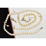 A CULTURED PEARL NECKLACE, EARRINGS AND A BRACELET, single row of cultured cream pearls, each