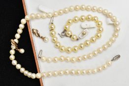 A CULTURED PEARL NECKLACE, EARRINGS AND A BRACELET, single row of cultured cream pearls, each