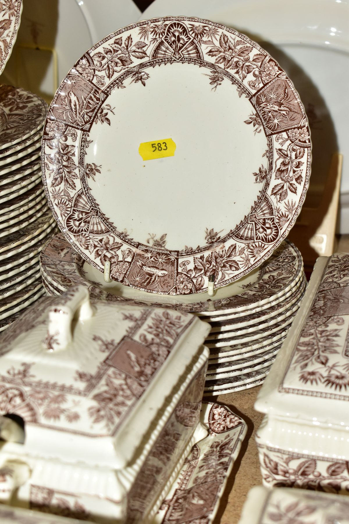 A LATE VICTORIAN EARTHENWARE DINNER SERVICE TRANSFER PRINTED IN BROWN WITH AN AESTHETIC STYLE DESIGN - Image 5 of 14