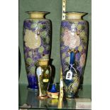 FIVE DOULTON LAMBETH AND ROYAL DOULTON STONEWARE VASES, including a pair of baluster form tube