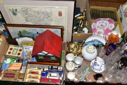 FIVE BOXES AND LOOSE COLLECTIBLES AND SUNDRY ITEMS ETC, to include a circa 1930s dolls house,