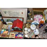 FIVE BOXES AND LOOSE COLLECTIBLES AND SUNDRY ITEMS ETC, to include a circa 1930s dolls house,