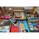 SEVEN BOXES AND LOOSE TOYS, BOOKS AND GAMES, to include a boxed Minic GT Championship Race, extra