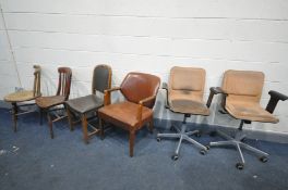 A SELECTION OF VARIOUS CHAIRS, to include a 1940's office armchair, pair of swivel office chairs (