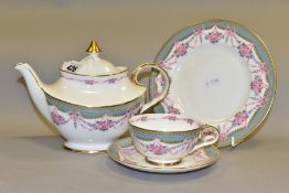 A ROYAL DOULTON TEAPOT AND TRIO, Sutton pattern H5202, comprising a teapot, tea plate, tea cup and
