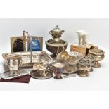 A BOX OF ASSORTED WHITE METAL WARE, to include a silver-plated pierced bonbon dish, four silver-