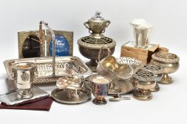 A BOX OF ASSORTED WHITE METAL WARE, to include a silver-plated pierced bonbon dish, four silver-