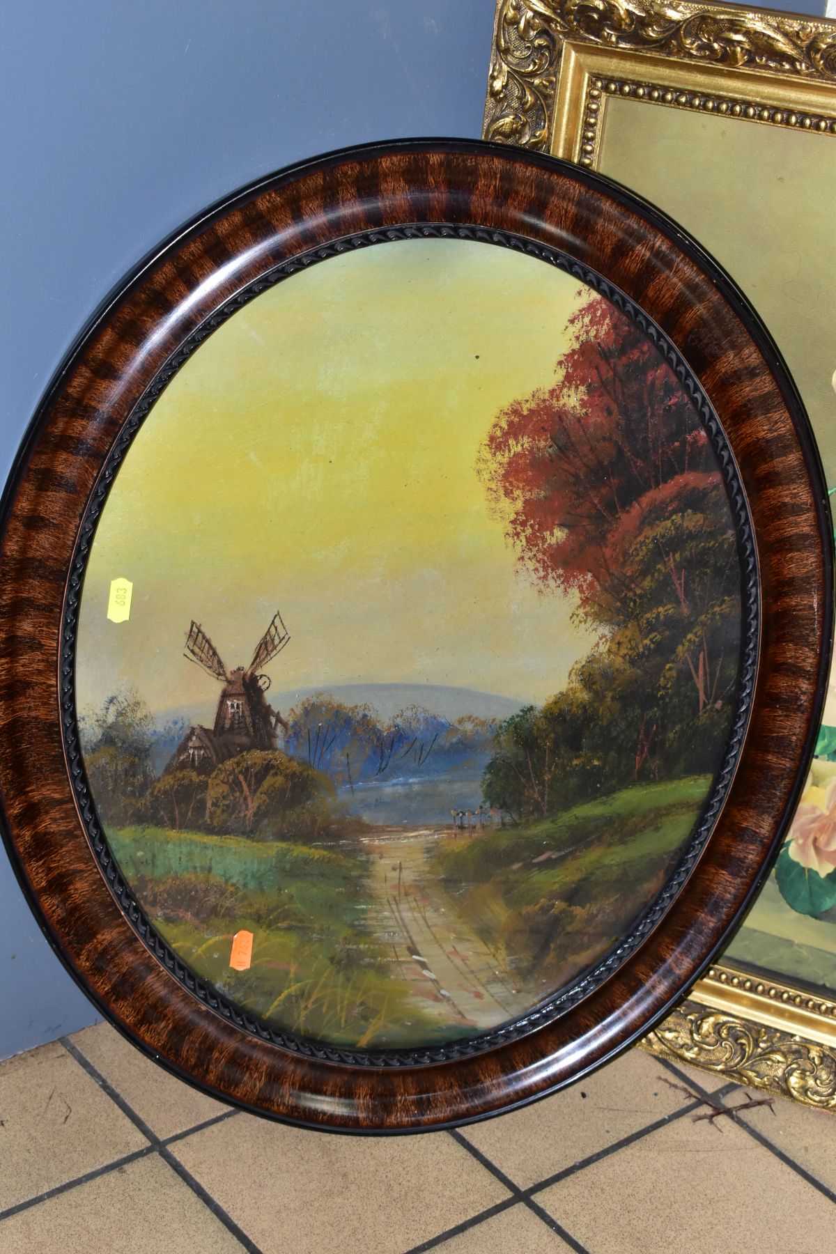 A PAIR OF EARLY 20TH CENTURY LANDSCAPE OILS ON BOARD, no visible signatures, painted oval frames, - Image 3 of 9