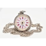 A LADYS OPEN FACE POCKET WATCH AND CHAIN, round white dial with gold detailing, red Roman