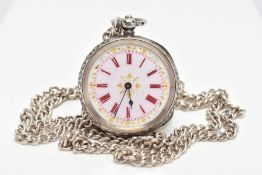 A LADYS OPEN FACE POCKET WATCH AND CHAIN, round white dial with gold detailing, red Roman