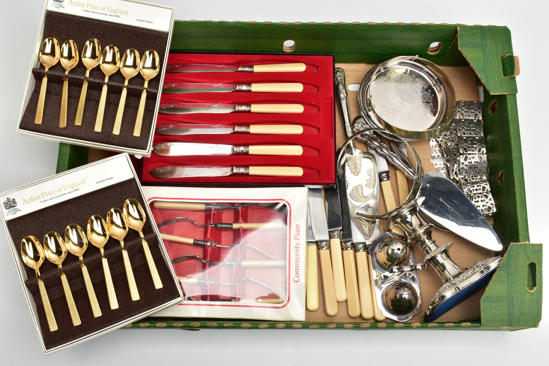 A BOX OF ASSORTED WHITE METAL WARE, to include two silver-plated coasters, a single silver-plated