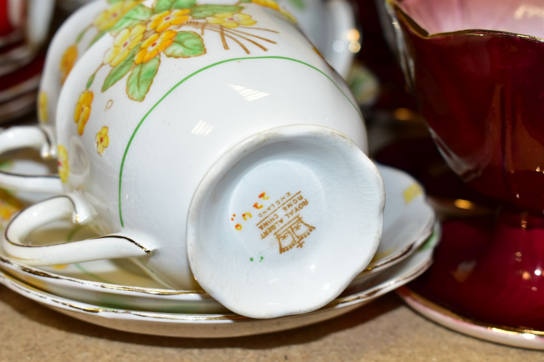 A SET OF SIX MALING RED LUSTRE SUNDAE DISHES AND THREE PART TEA SETS, comprising a fourteen piece - Image 9 of 14