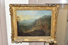 A 19TH CENTURY ITALIANATE STYLE LANDSCAPE, figures beside a ruined castle, indistintly signed