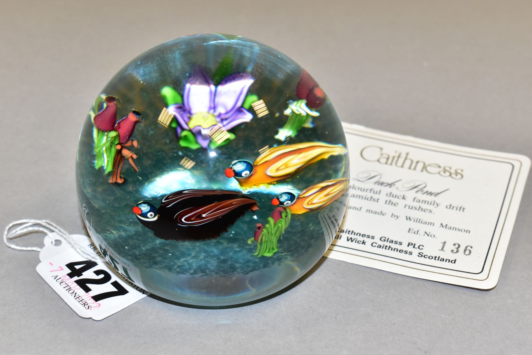 A LIMITED EDITION CAITHNESS GLASS DUCK POND PAPERWEIGHT, with certificate, featuring a colourful