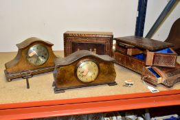 TWO EARLY 20TH CENTURY DOME TOP MANTEL CLOCKS, A WORK BOX AND A JEWELLERY BOX, comprising a walnut