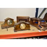 TWO EARLY 20TH CENTURY DOME TOP MANTEL CLOCKS, A WORK BOX AND A JEWELLERY BOX, comprising a walnut