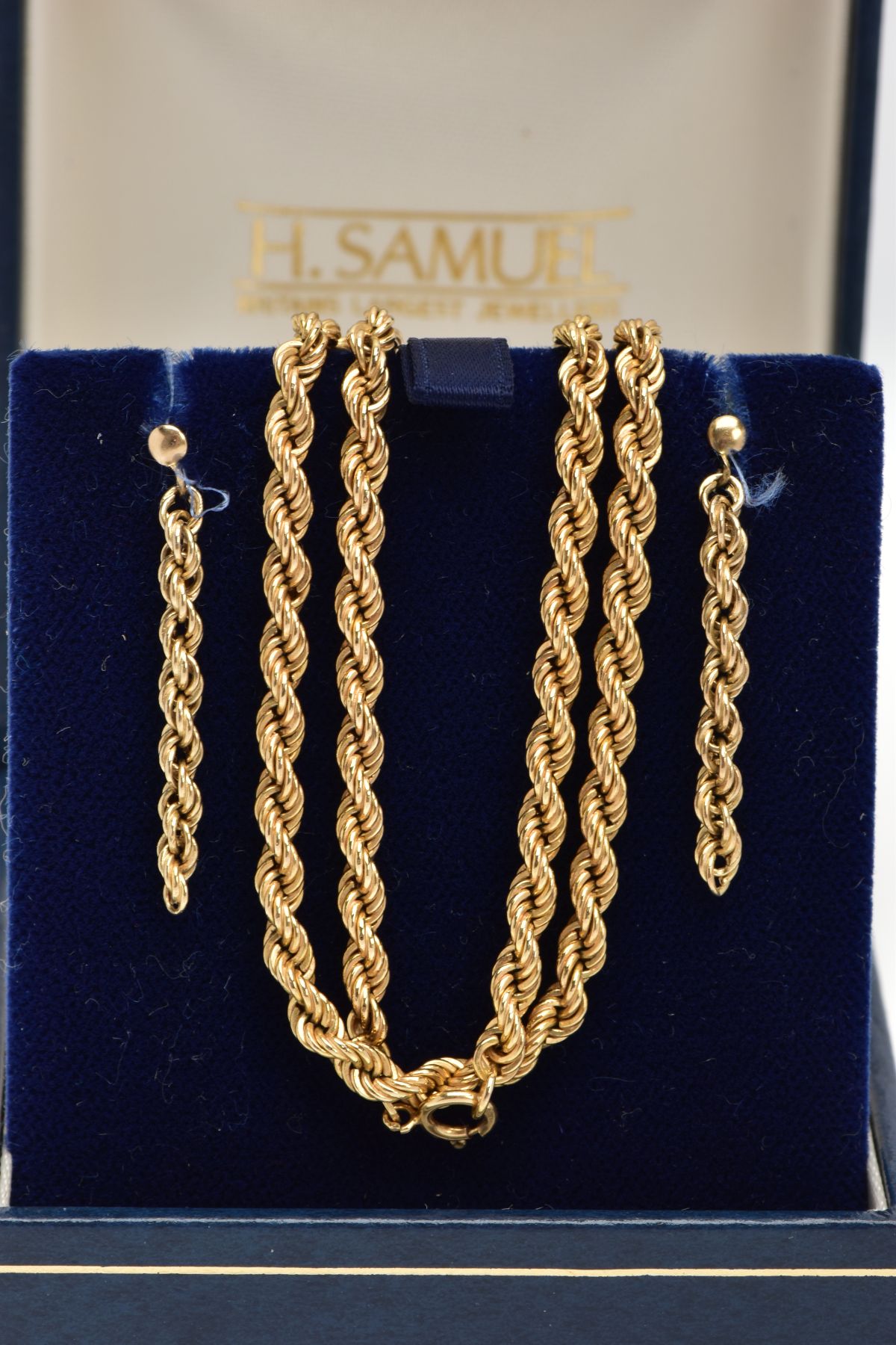 A 9CT GOLD ROPE TWIST CHAIN AND MATCHING EARRINGS, the chain fitted with a spring clasp,