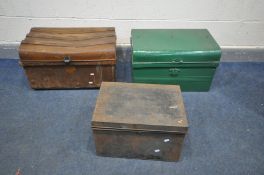TWO VINTAGE TIN TRUNKS, one painted green, and a deed box (3)