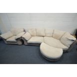 A DFS CREAM AND BROWN UPHOLSTERED CORNER SOFA, length 258cm x depth 126cm x height 80cm and a