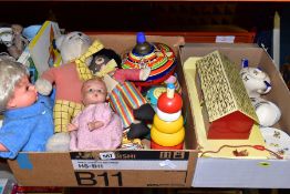 TWO BOXES OF TOYS, CHILDREN'S BOOKS AND CERAMICS, including a Corona pottery doll's tea set
