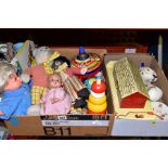 TWO BOXES OF TOYS, CHILDREN'S BOOKS AND CERAMICS, including a Corona pottery doll's tea set