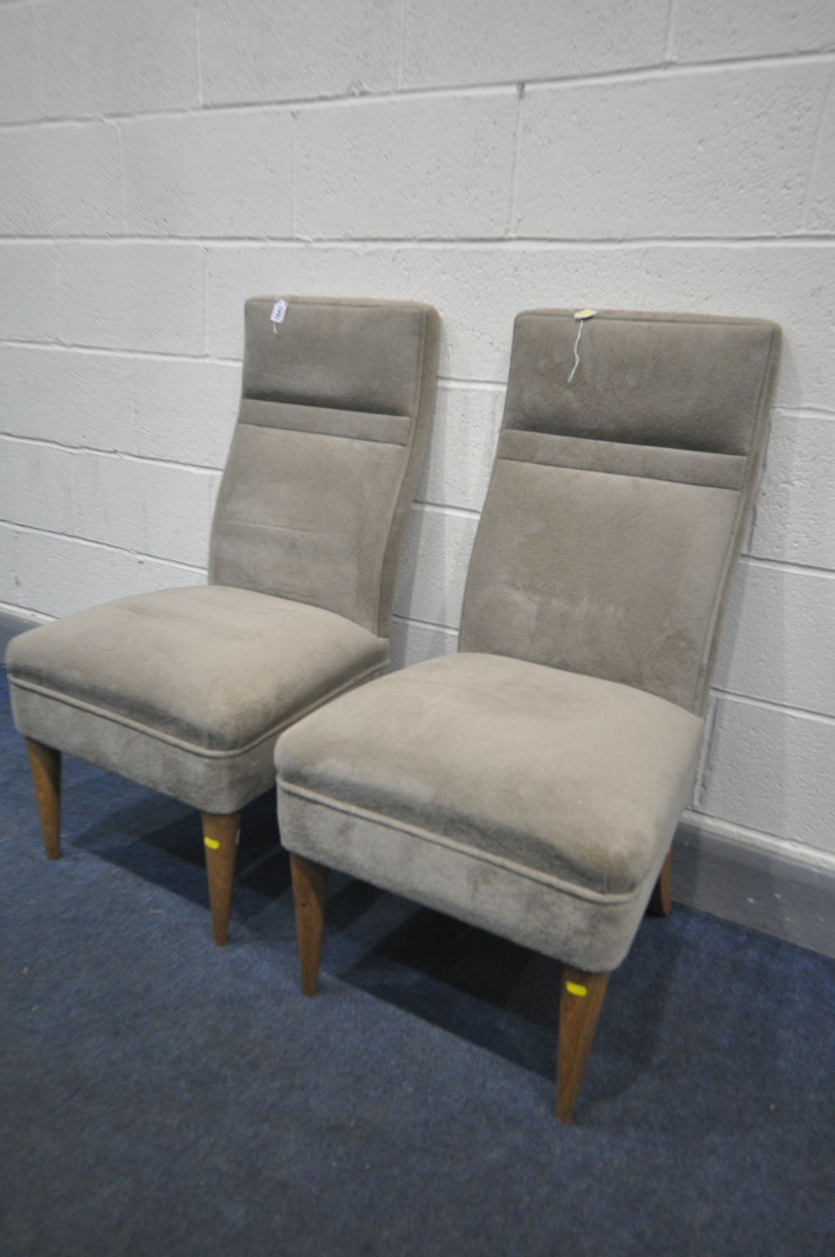 A PAIR MODERN DARK BEIGE UPHOLSTERED BEDROOM CHAIRS