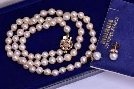 A CULTURED PEARL NECKLACE AND EARRINGS, seventy one cultured pearls in a single strand, white with a