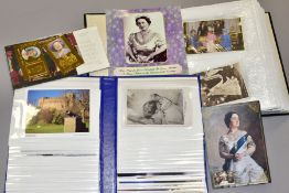 A BOX OF ROYAL FAMILY THEMED POSTCARDS AND STAMPS, comprising two albums containing approximately