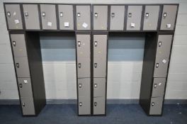 TWO METAL THREE PIECE LOCKERS, with two uprights and overhanging section with pole holder (no keys