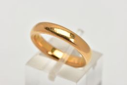 A 22CT GOLD BAND RING, plain polished domed band, approximate band width 3.8mm, hallmarked 22ct gold
