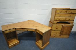 A DUCAL PINE CORNER DESK, width 177cm x depth 101cm x height 75cm, a filing cabinet with drawers and