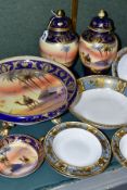 A COLLECTION OF NORITAKE PORCELAIN, comprising a pair of baluster vases and covers, blue and gilt
