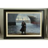 KEVIN DAY (BRITISH CONTEMPORARY) 'PASSING SHIPS', two figures in a loving embrace, ships and a