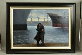 KEVIN DAY (BRITISH CONTEMPORARY) 'PASSING SHIPS', two figures in a loving embrace, ships and a