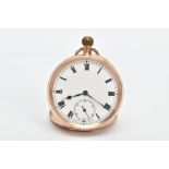 A 9CT GOLD OPEN FACE POCKET WATCH, round white dial, Roman numerals, seconds subsidiary dial at