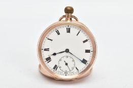 A 9CT GOLD OPEN FACE POCKET WATCH, round white dial, Roman numerals, seconds subsidiary dial at
