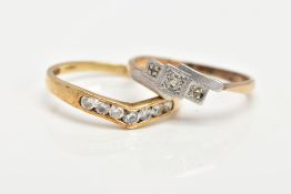 TWO 9CT GOLD RINGS, the first a '9ct and plat' ring set with three very small rose cut diamonds,