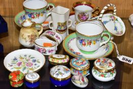 A GROUP OF CERAMICS AND ENAMEL TRINKET BOXES, to include two Aynsley tea cups and saucers with