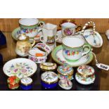 A GROUP OF CERAMICS AND ENAMEL TRINKET BOXES, to include two Aynsley tea cups and saucers with